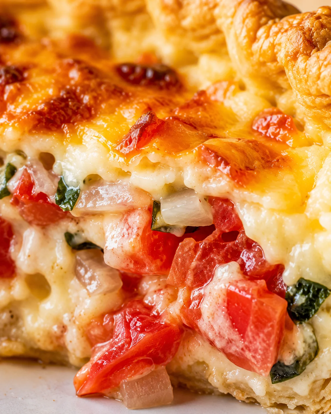 Close-up of a cheesy, flaky tomato pie with fresh tomatoes and melted cheese.