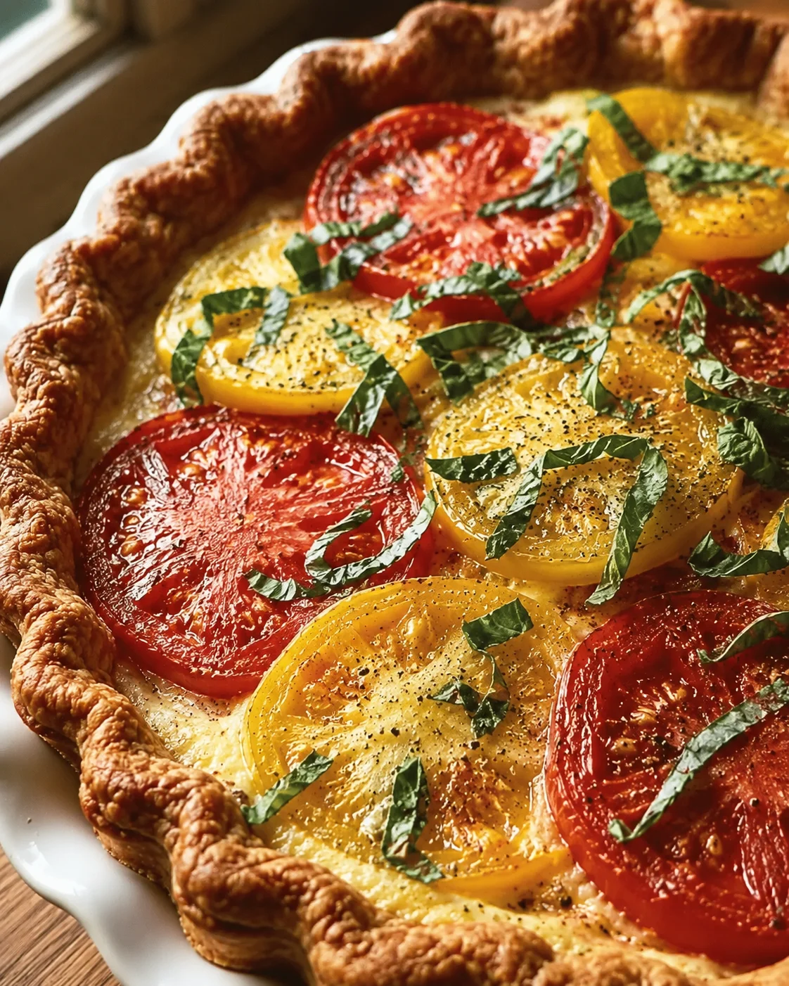 Close-up of a freshly baked heirloom tomato pie with colorful tomato slices and herbs.