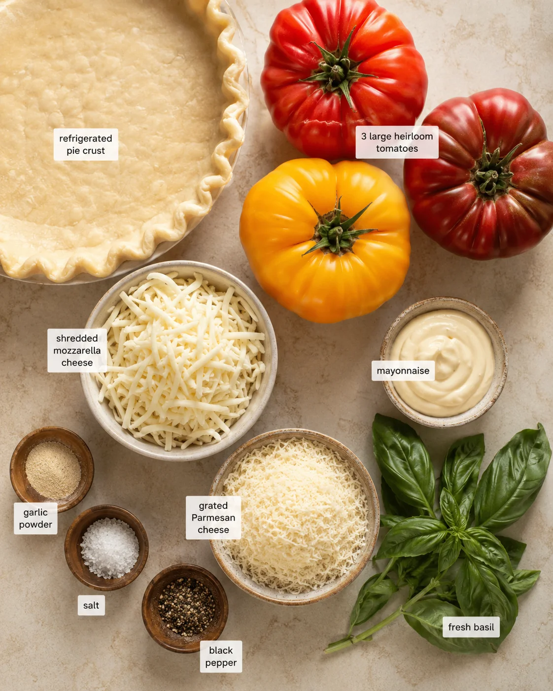 Fresh heirloom tomatoes, shredded cheese, and pie crust ready for baking.