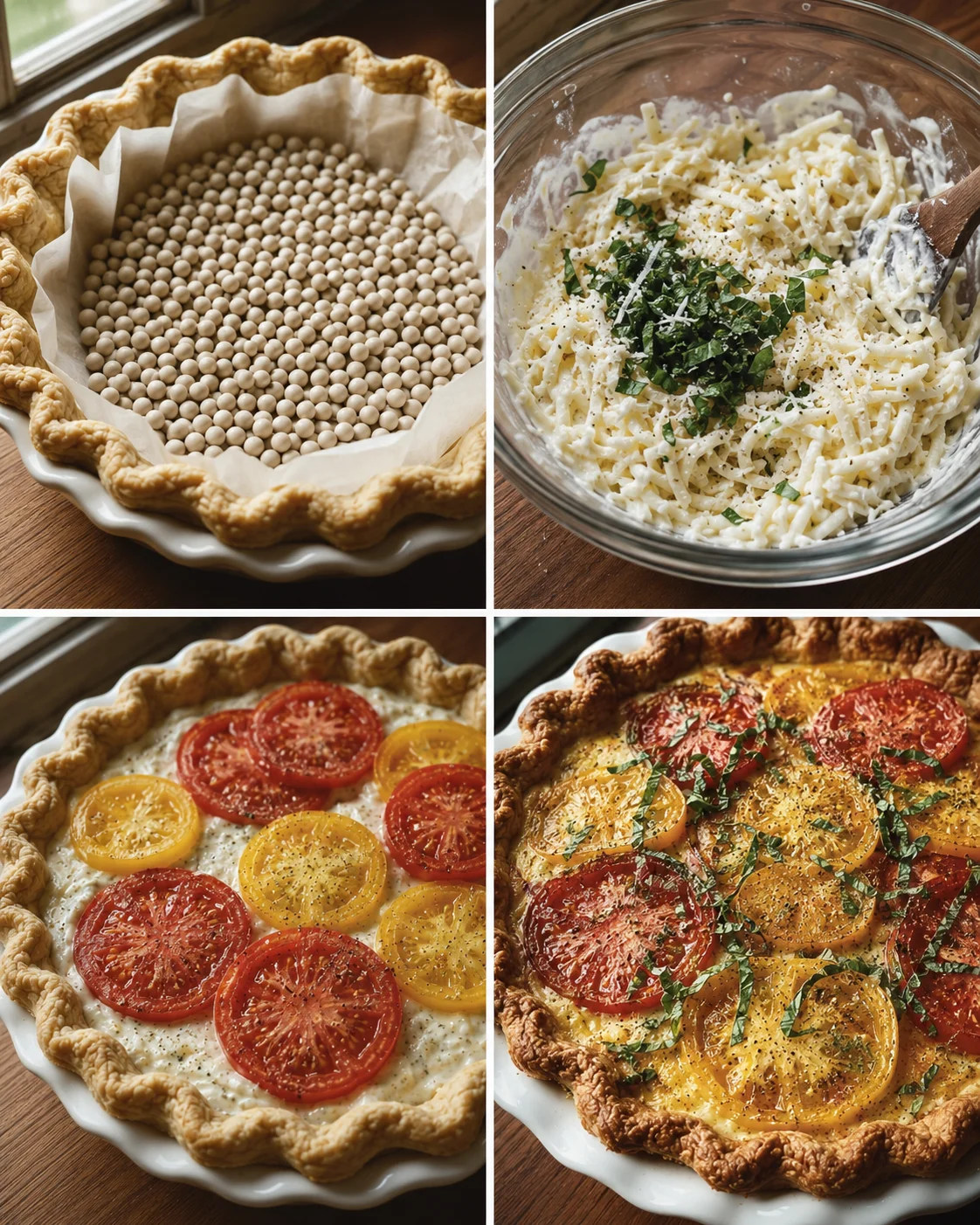 Step-by-step images of tomato pie ingredients and assembly process.