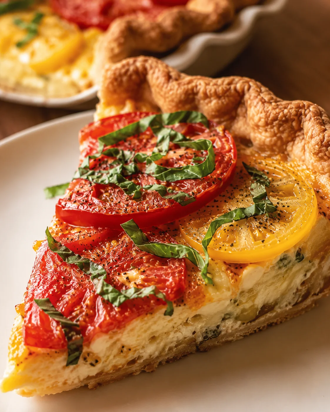 Fresh heirloom tomato pie with cheese and herbs on a white plate.
