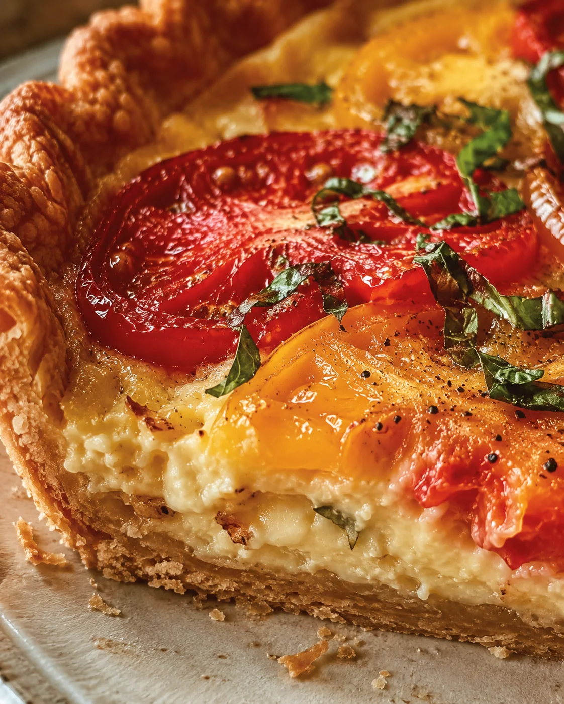 Close-up of a delicious and colorful heirloom tomato pie with flaky crust