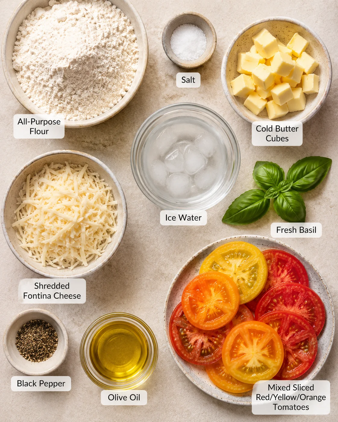 Fresh sliced colorful tomatoes with basil, cheese, and ingredients for a tomato tart.