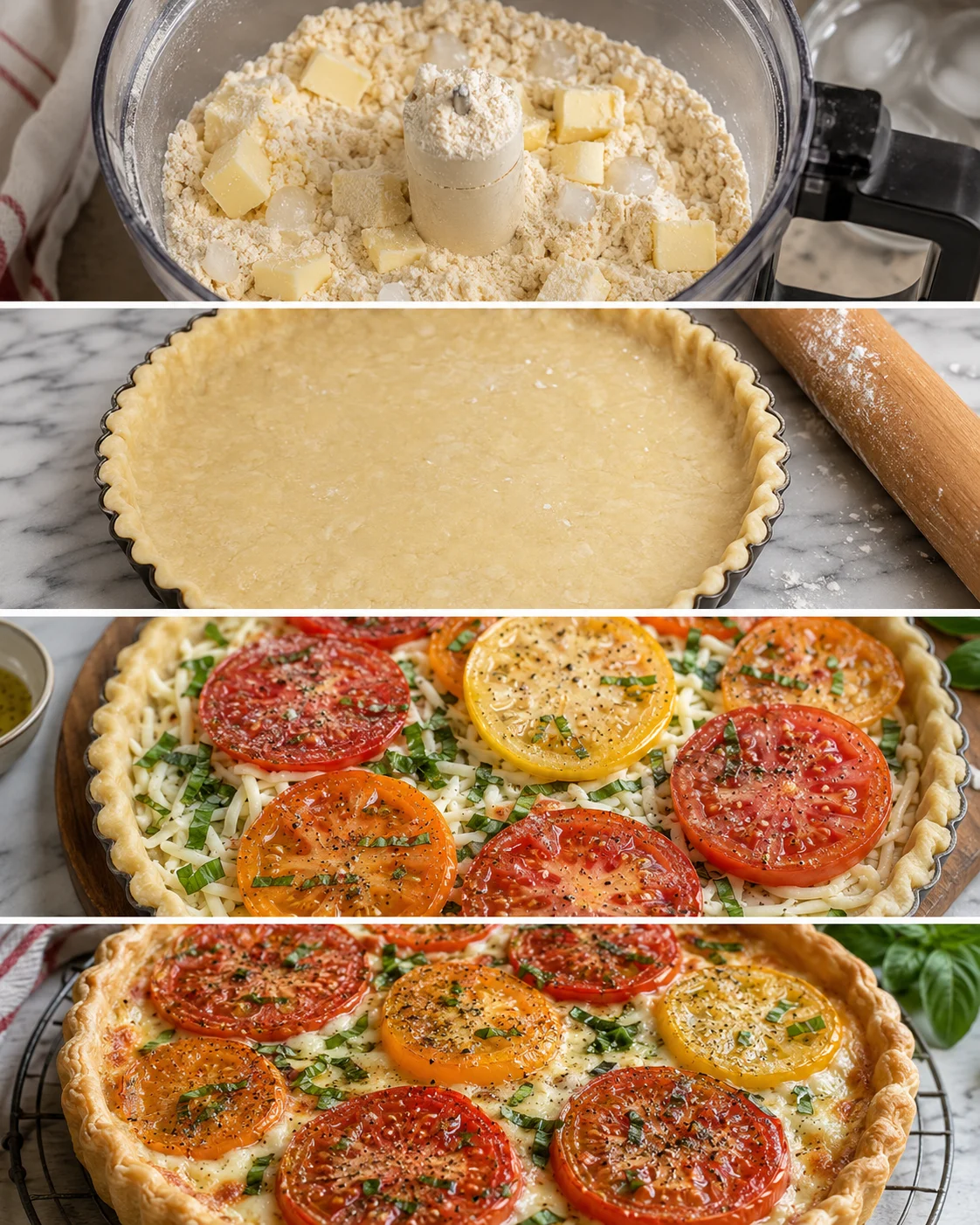 Colorful sliced tomatoes on a freshly baked tart with melted cheese.