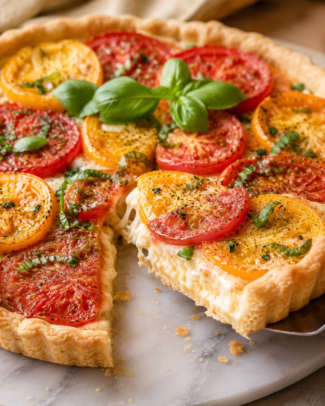 Colorful tomato tart with fresh basil and cheese on a marble surface.