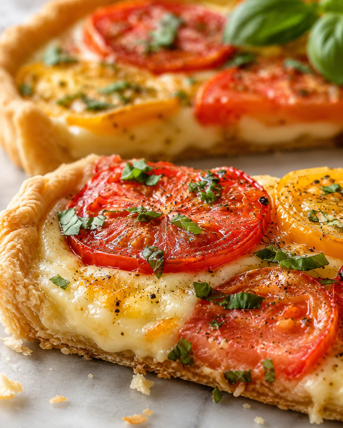 Close-up of a colorful, freshly baked tomato tart with basil and cheese slices.