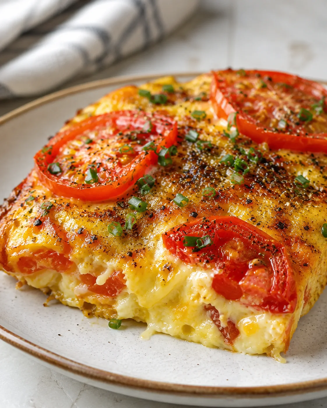 Delicious crustless tomato pie with fresh tomatoes, cheese, and herbs on a plate.