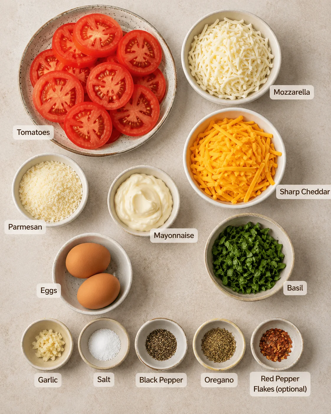 Fresh sliced tomatoes, cheeses, eggs, and herbs for tomato pie