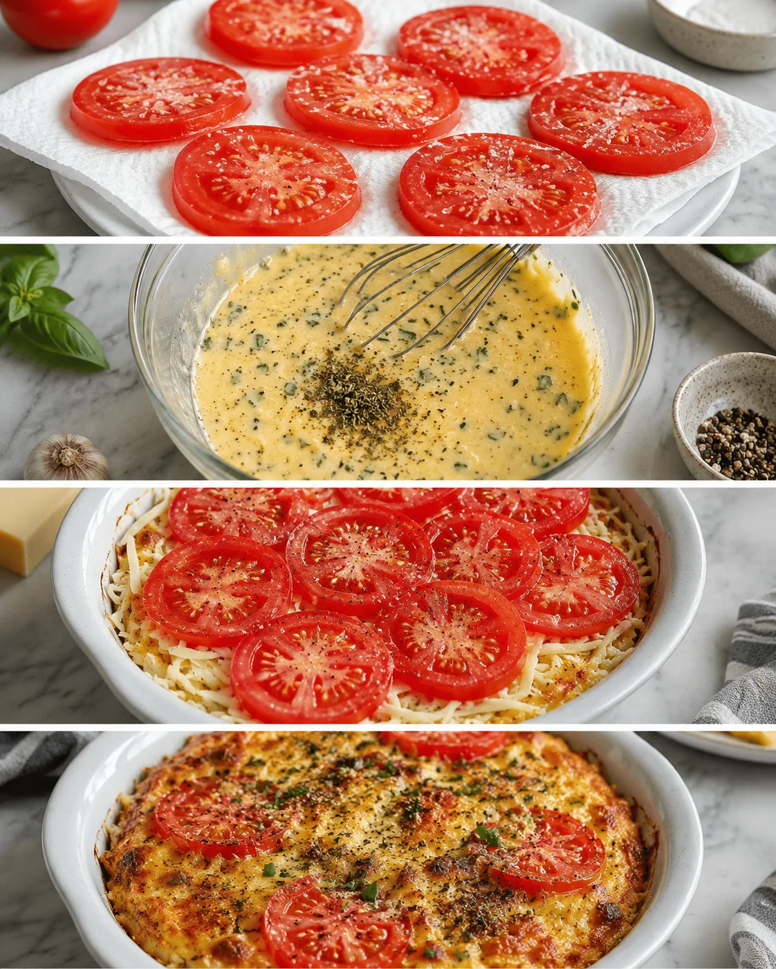 Step-by-step images of a crustless tomato pie with fresh tomatoes, cheese, and herbs.