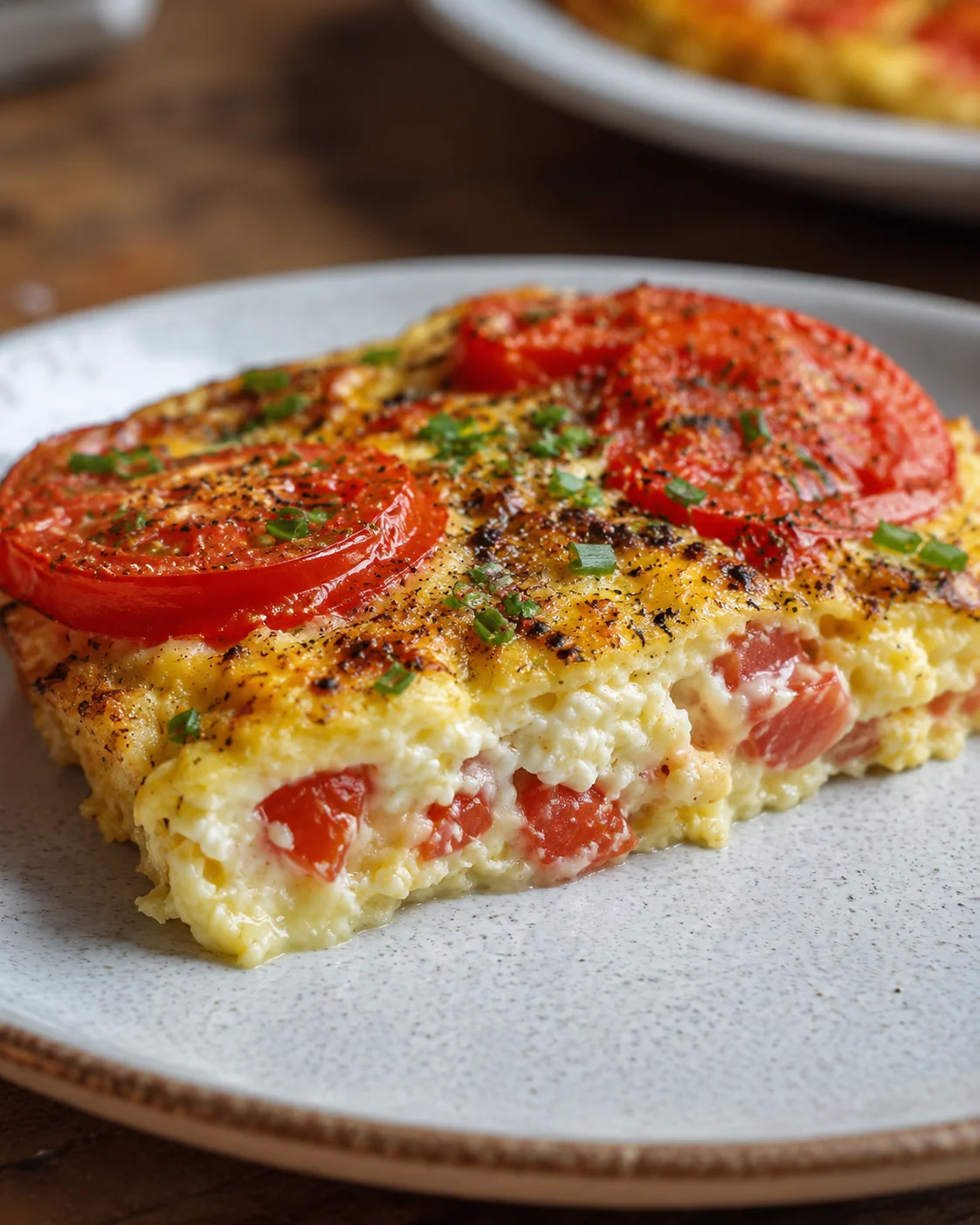 Close-up of a slice of crustless tomato pie with cheese and herbs on a plate