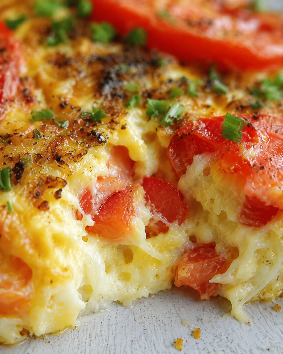 Close-up of a cheesy crustless tomato pie with fresh tomatoes and herbs