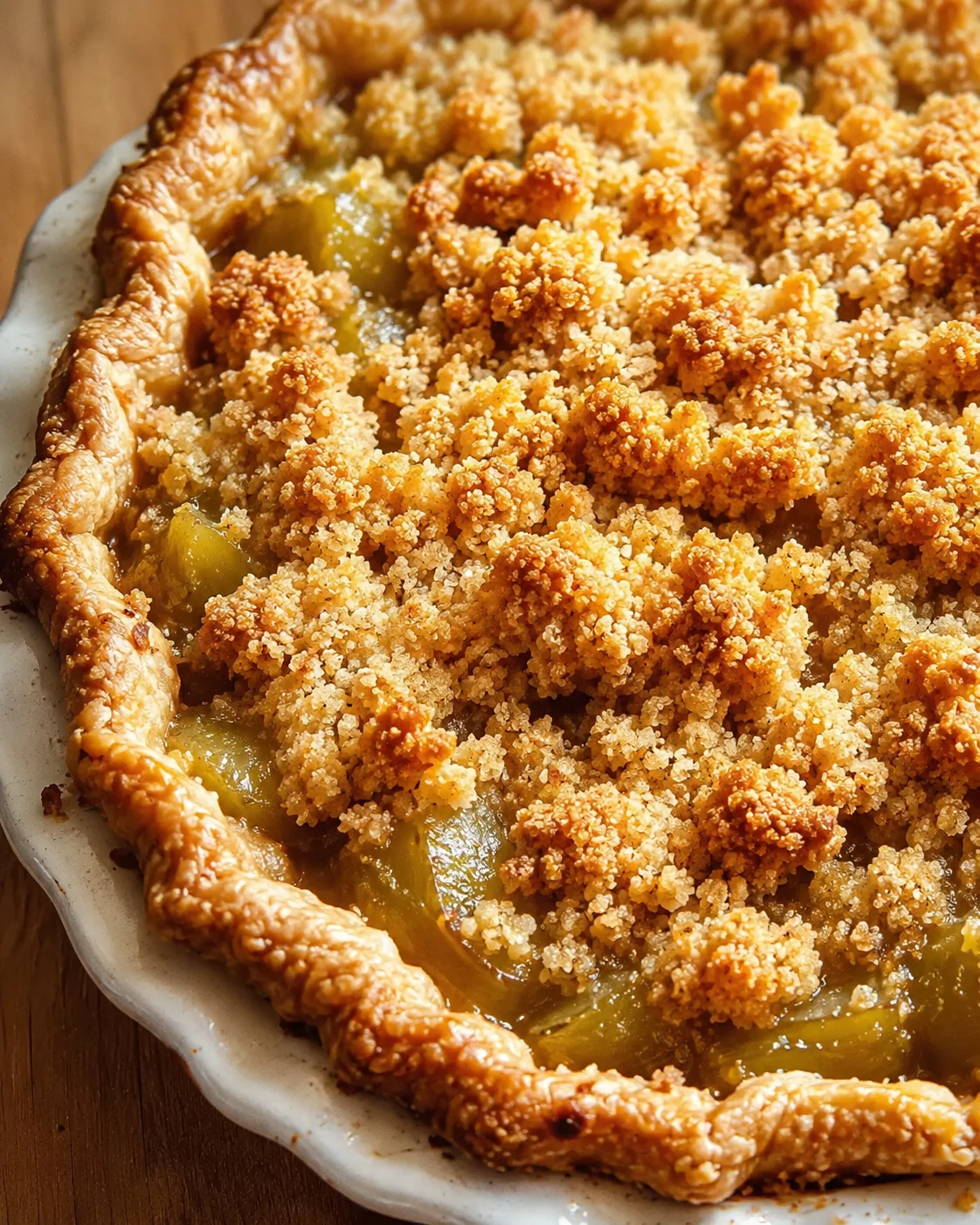 Delicious green tomato crumble pie with a crispy topping and golden crust