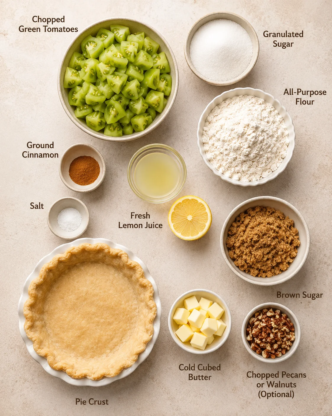 Assorted ingredients for green tomato crumble pie including chopped green tomatoes, sugar, flour, and butter.