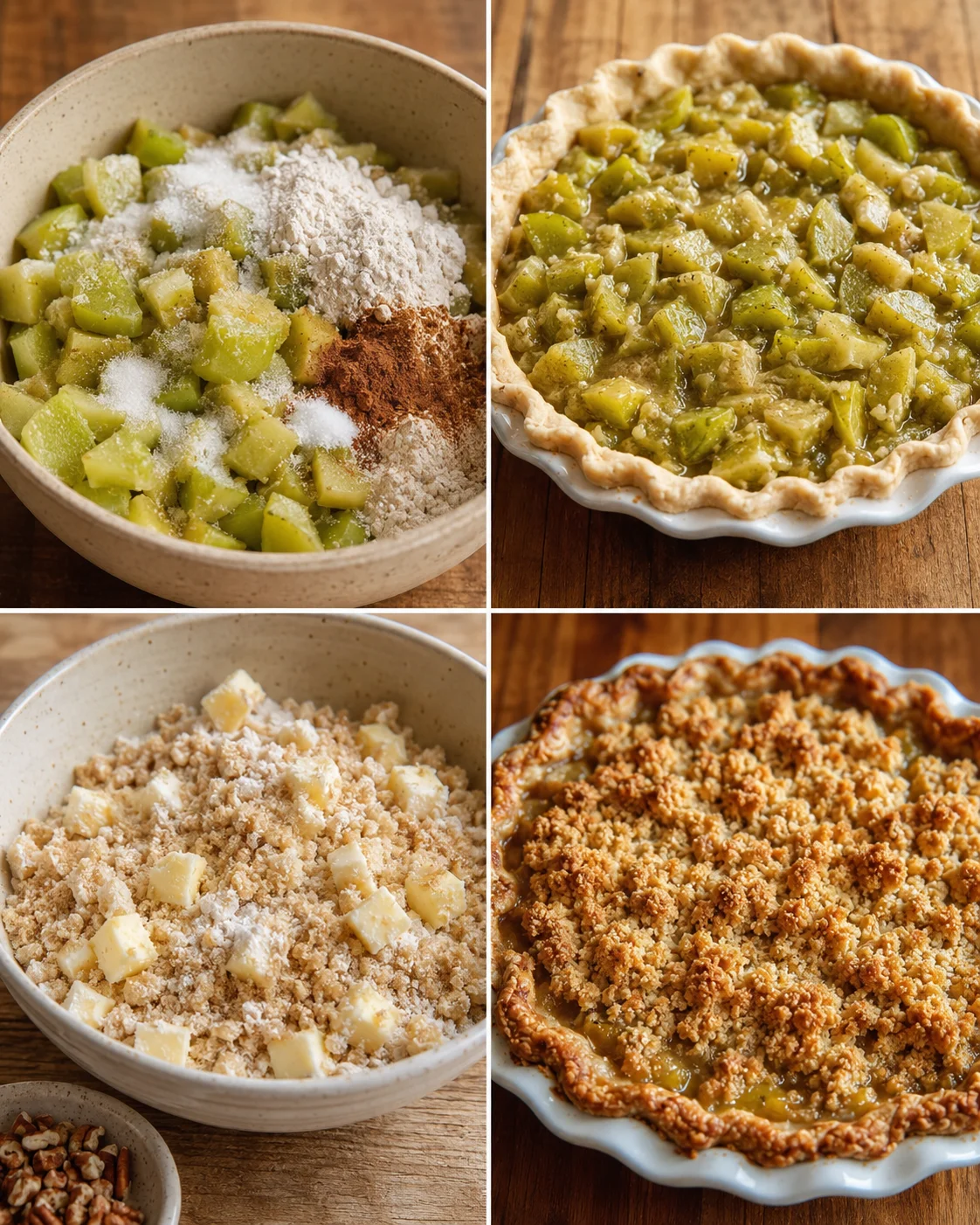 Steps of preparing green tomato crumble pie with ingredients and baked pie