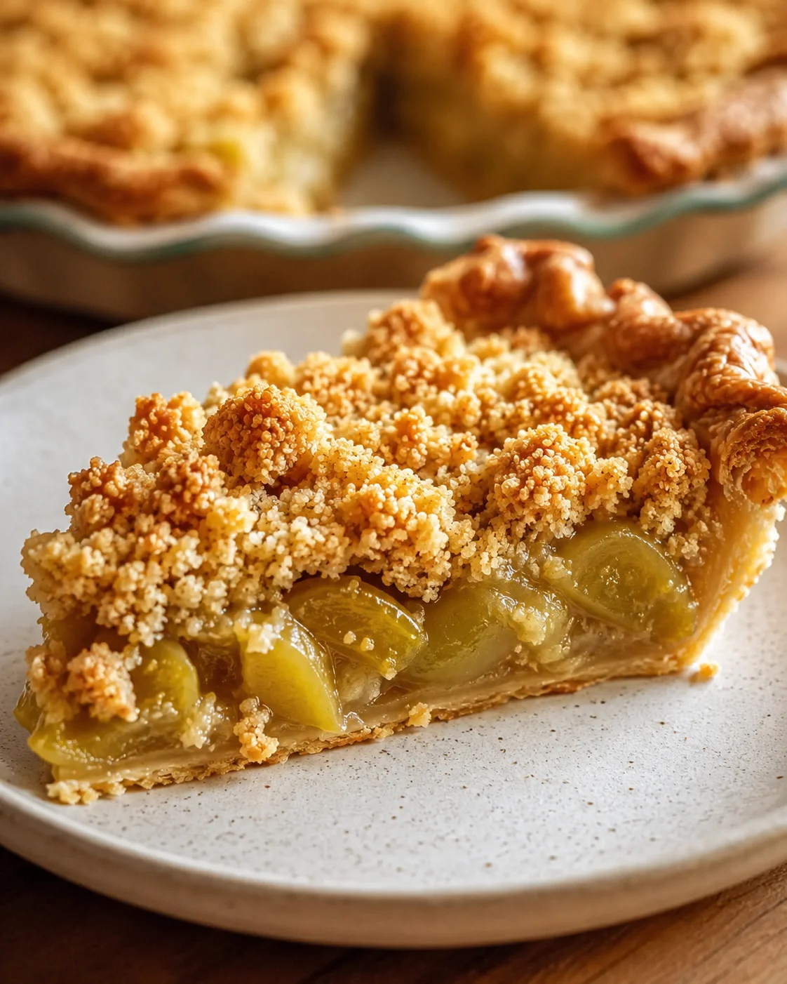 Close-up of a slice of green tomato crumble pie with a golden crust and crumb topping