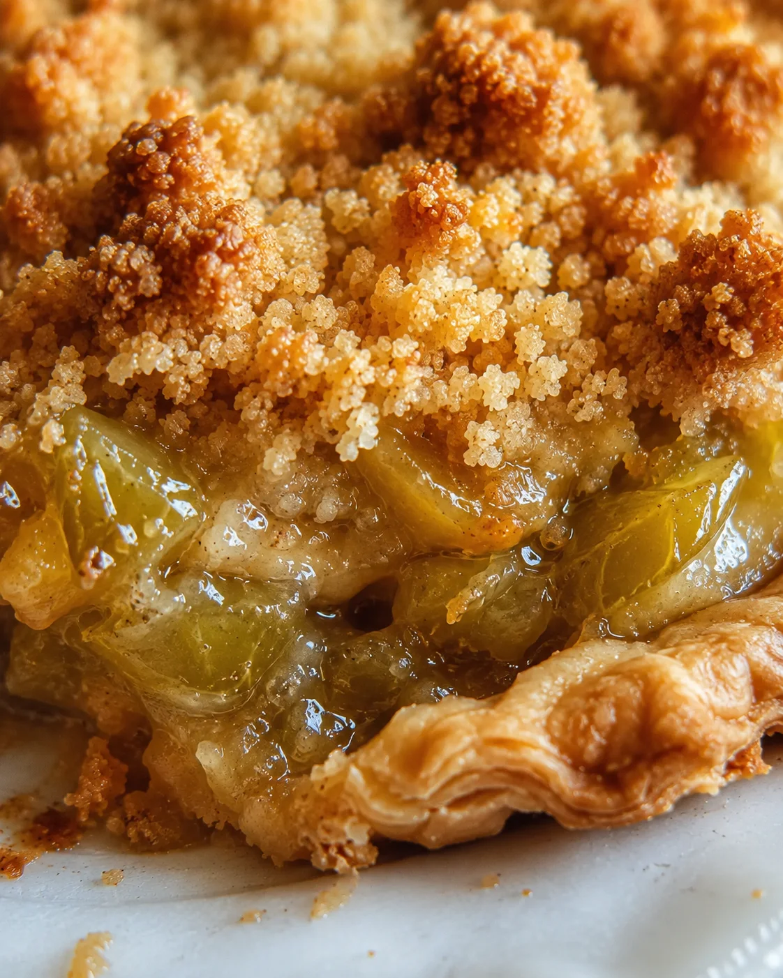 Close-up of a slice of green tomato crumble pie with crispy topping and filling.