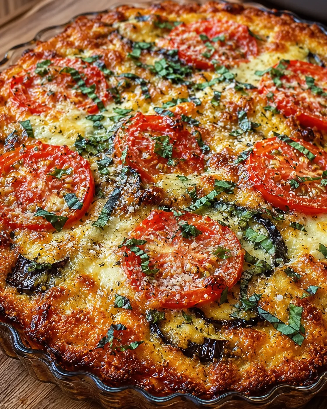 Delicious savory pie with fresh tomatoes, eggplant, cheese, and herbs on top.