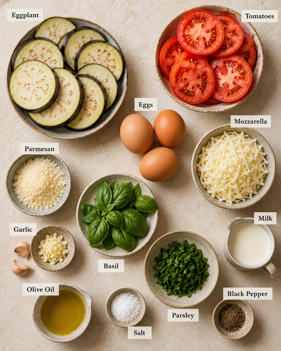 Fresh tomatoes, eggplant, eggs, mozzarella, and herbs ready for pie