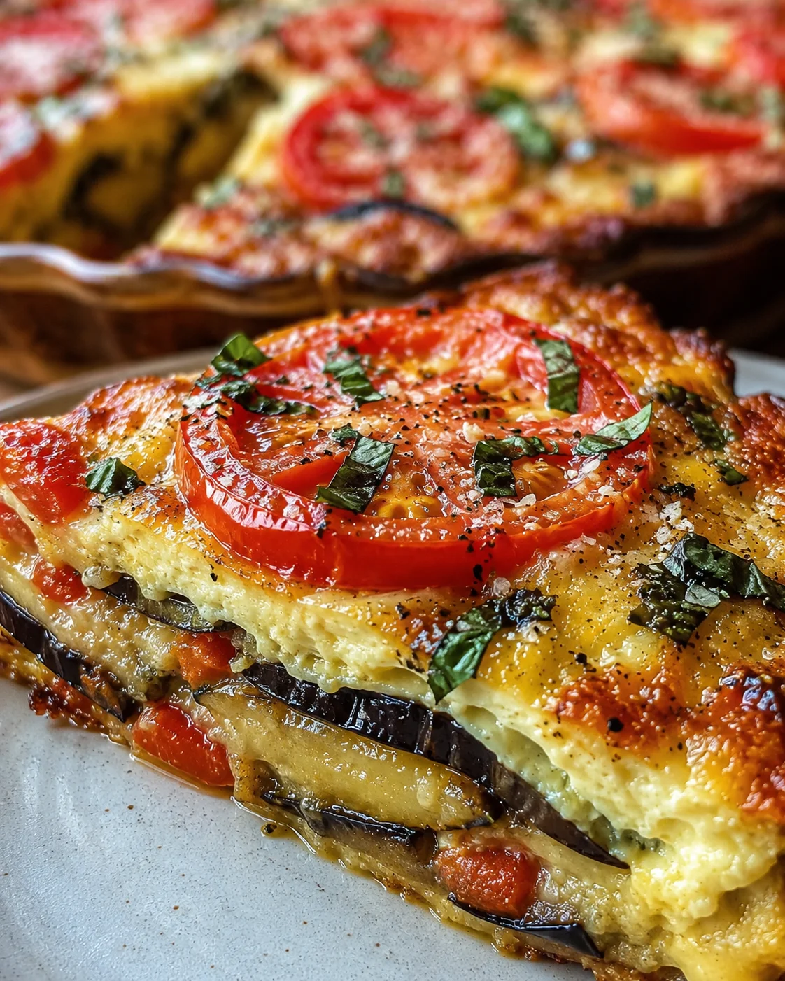 Delicious, golden crust tomato and eggplant pie garnished with fresh basil leaves.