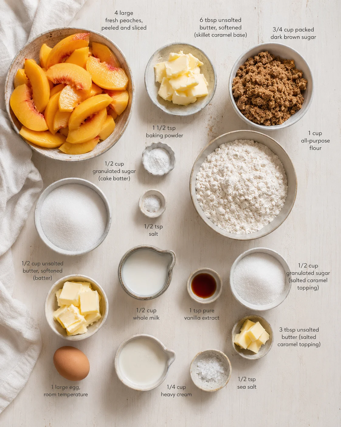 flat lay of peach slices and baking ingredients with labeled measurements.