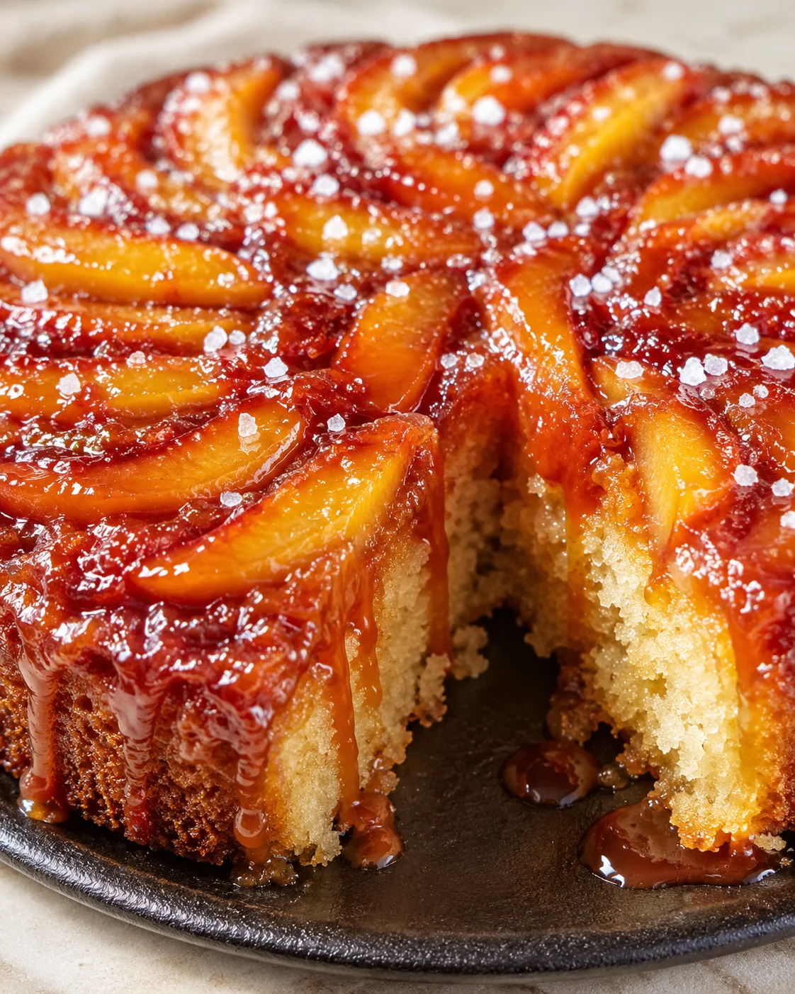 close-up of peach upside-down cake with caramel glaze and coarse sugar crystals