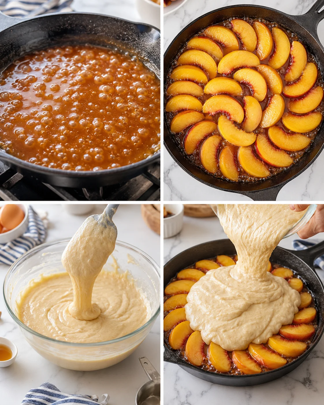 Four-panel collage showing peach cobbler steps: caramel sauce, peaches in skillet, batter mixing, and poured batter over peaches.