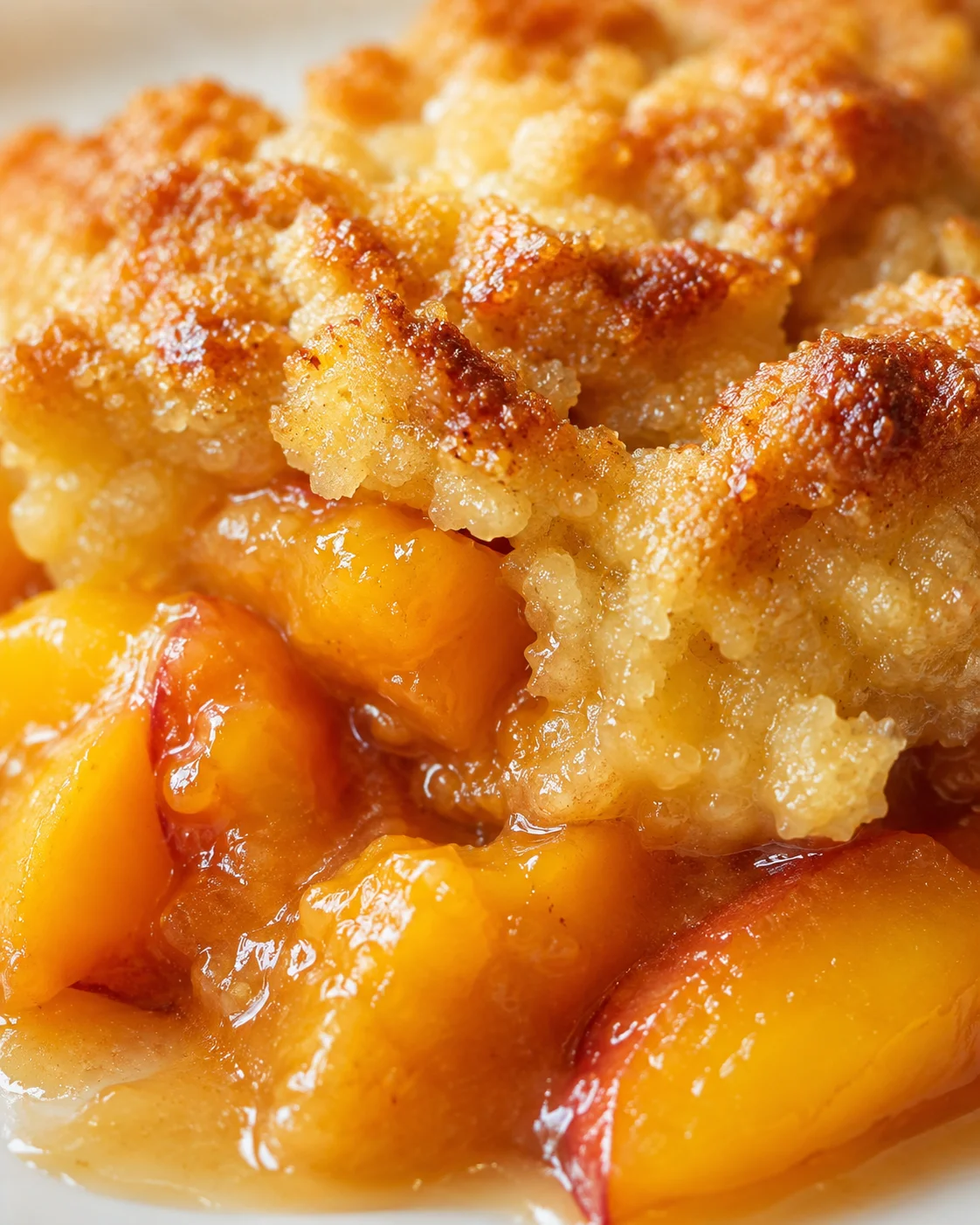 close-up view of peach cobbler with golden crumbly topping and glossy peaches