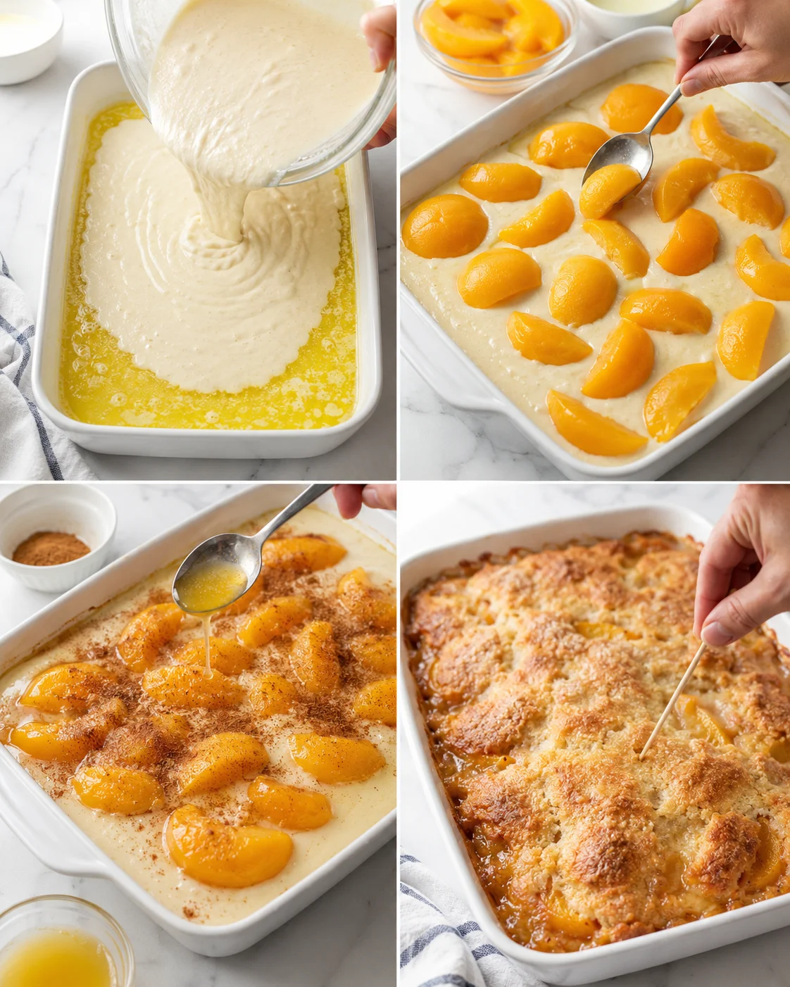 collage showing peach cobbler prep: batter poured, peaches arranged, topping sprinkled, and baked dish