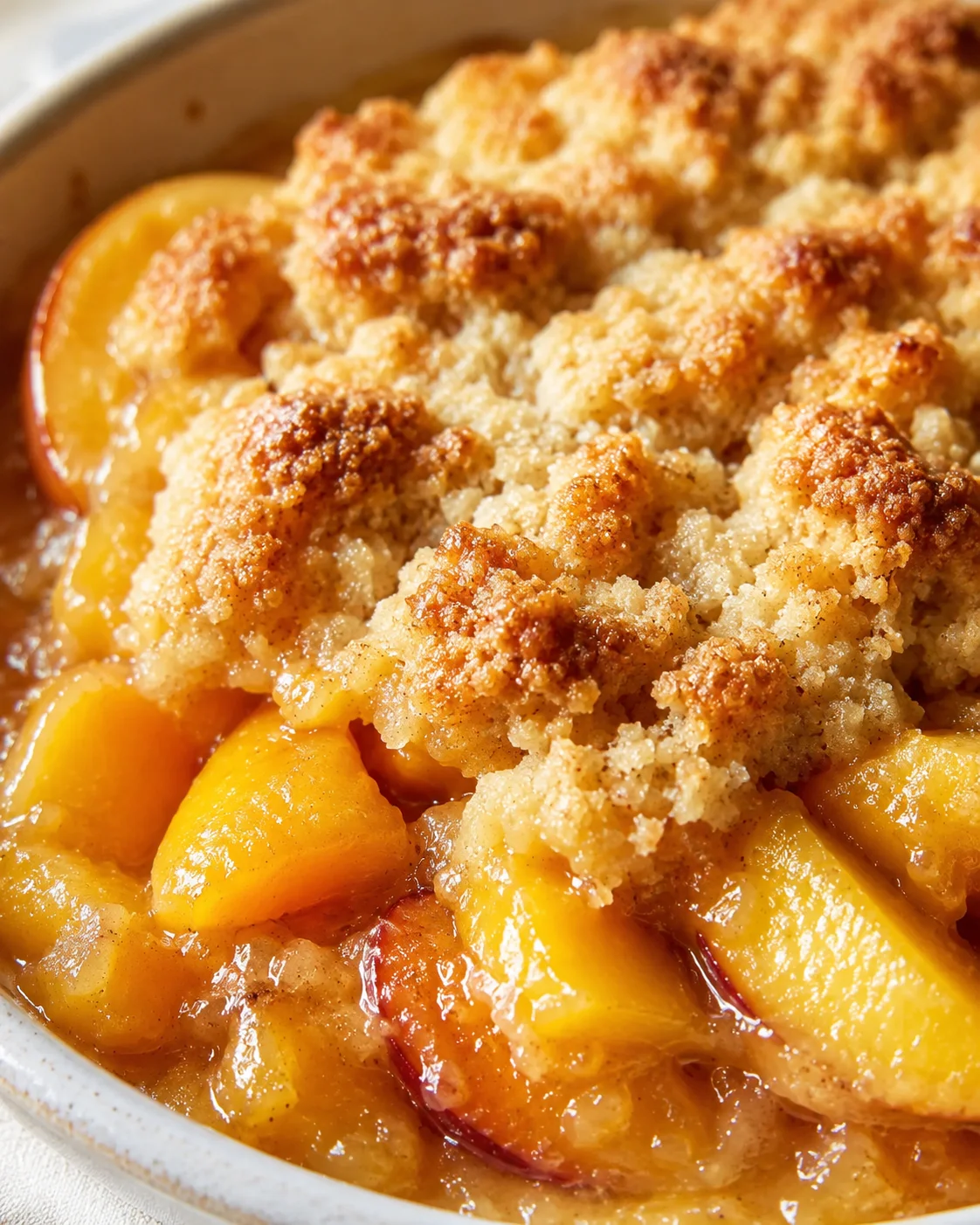 Close-up of peach crumble with golden-brown topping in a ceramic baking dish.