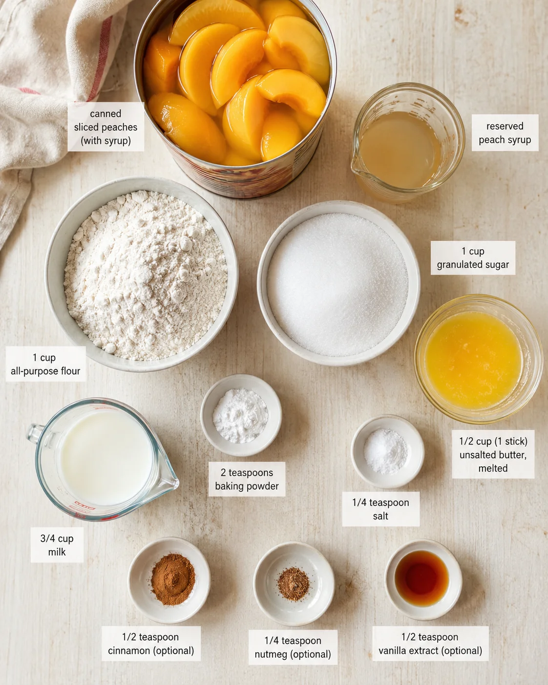 Overhead view of peaches and baking ingredients arranged on a wooden surface