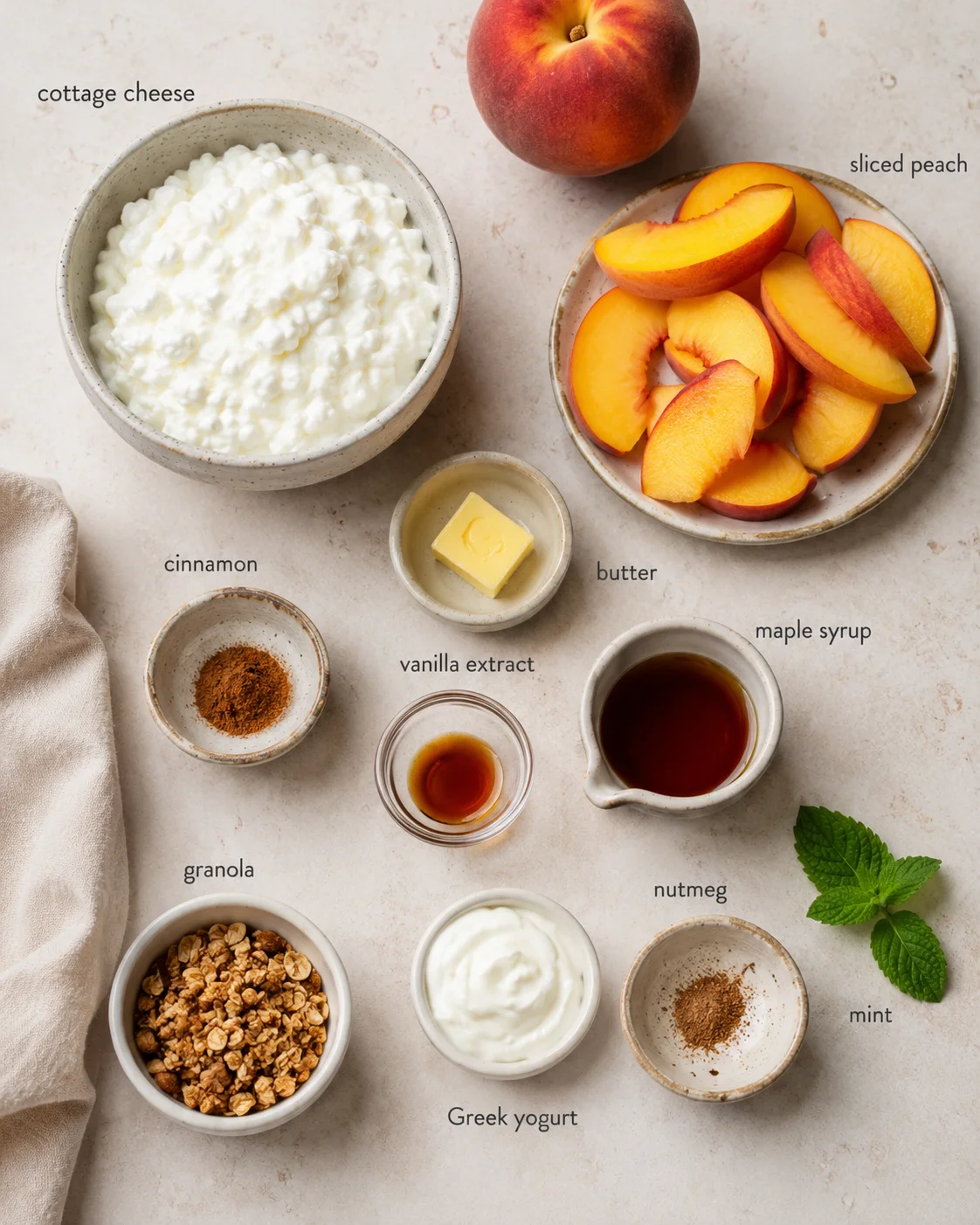 Top-down layout of labeled ingredients for peach yogurt parfait: cottage cheese, peaches, yogurt, granola, spices, and mint