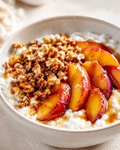 Creamy yogurt bowl topped with peach slices and granola, drizzled with honey.