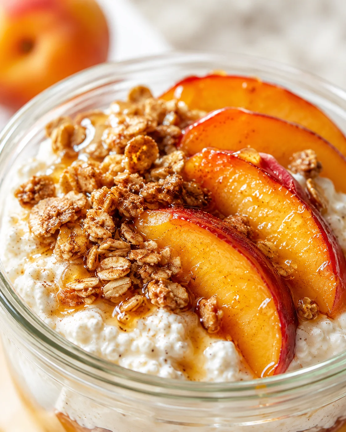 Close-up of a glass jar parfait with yogurt, granola, and peach slices.