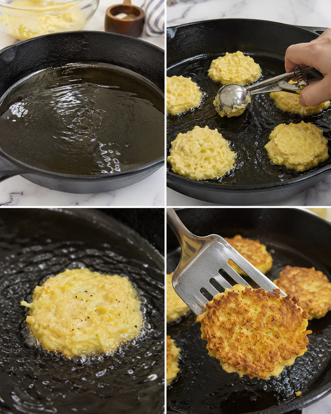 collage of batter fritters frying in hot oil in a cast-iron pan, turning golden