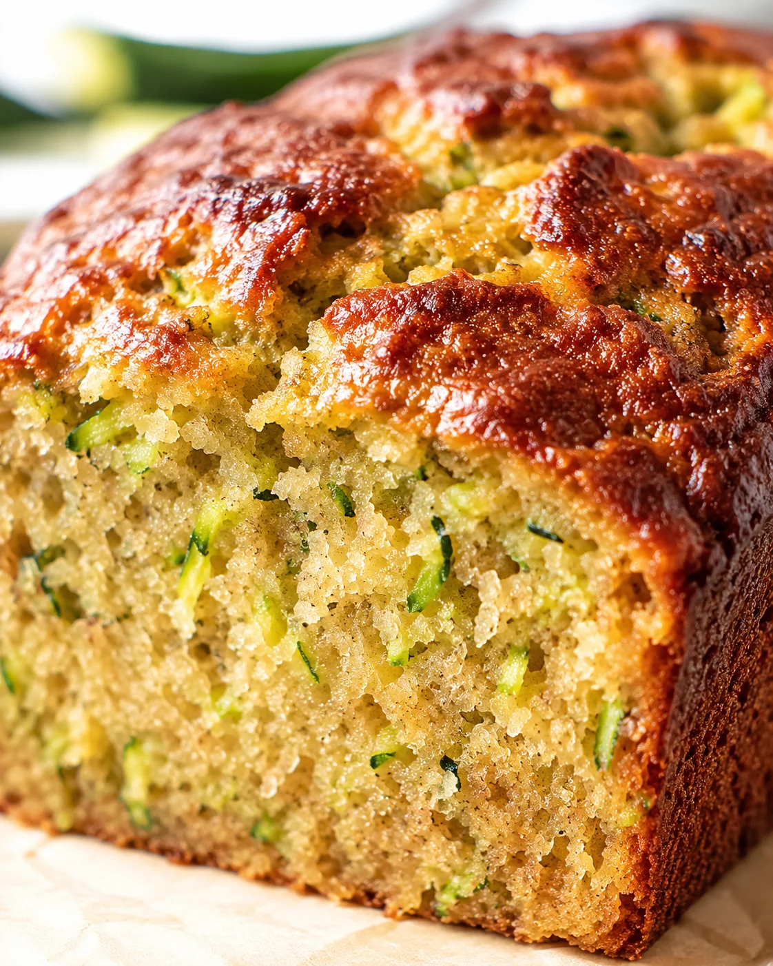 close-up of zucchini bread loaf with golden crust and green zucchini specks in crumb