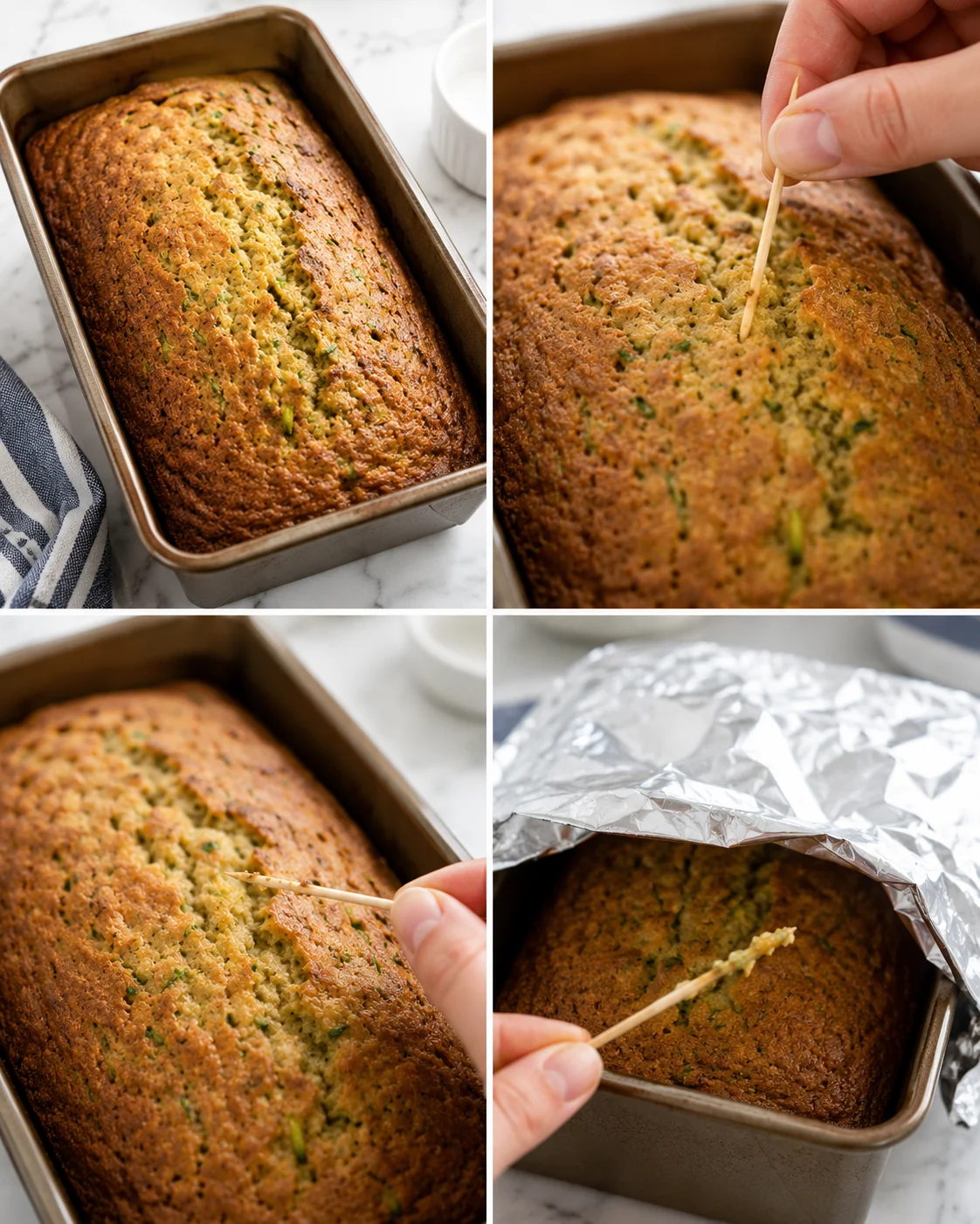 collage of a golden-brown zucchini-herb bread in a loaf pan, being tested with a toothpick