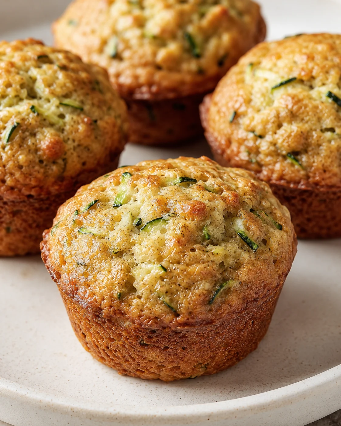 Close-up of golden-brown savory muffins with zucchini specks on a light plate.