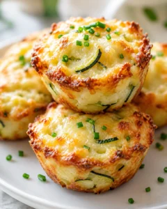 Close-up of golden-brown savory zucchini cheese muffins stacked on a white plate, topped with chopped chives.