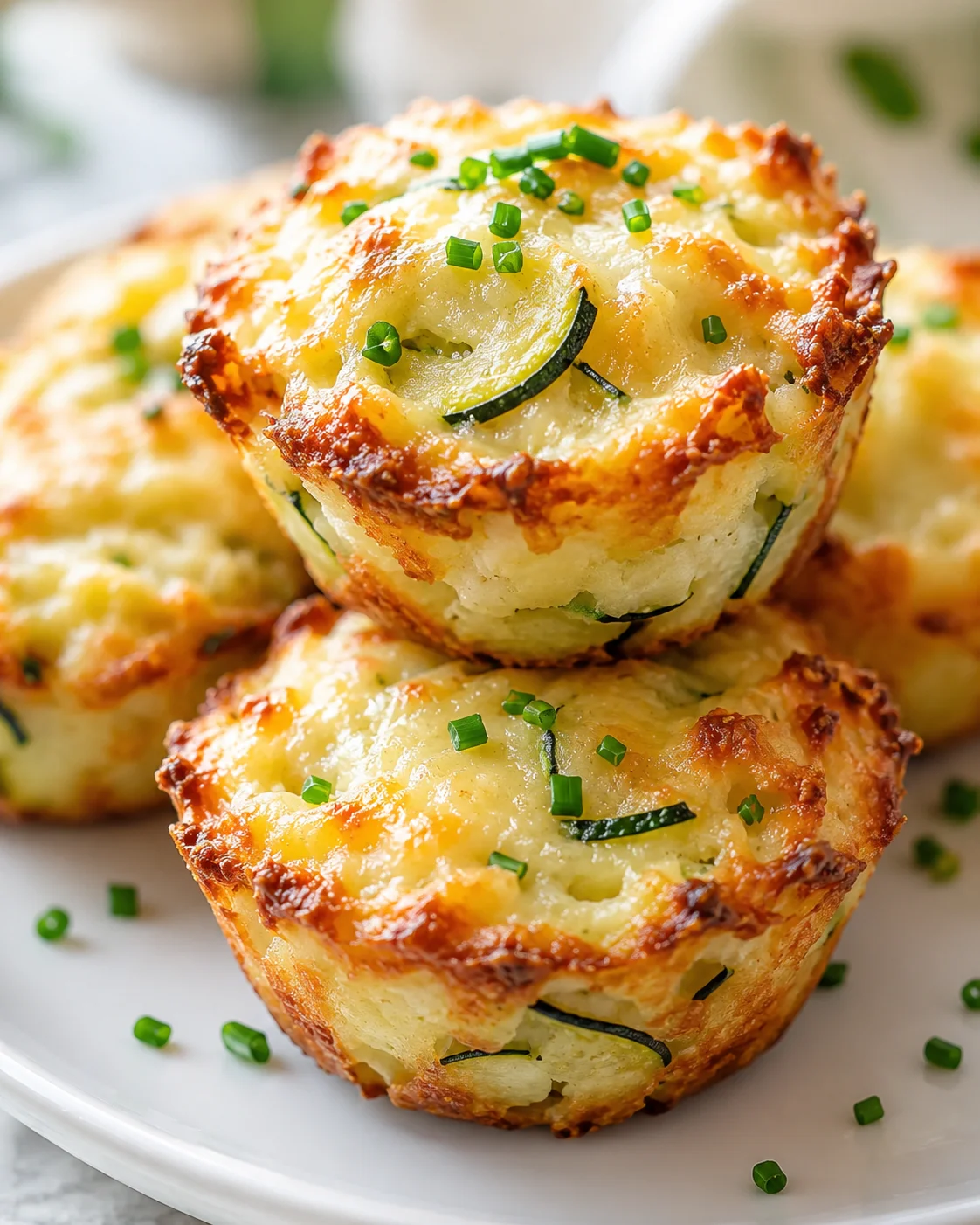 Close-up of golden-brown savory zucchini cheese muffins stacked on a white plate, topped with chopped chives.