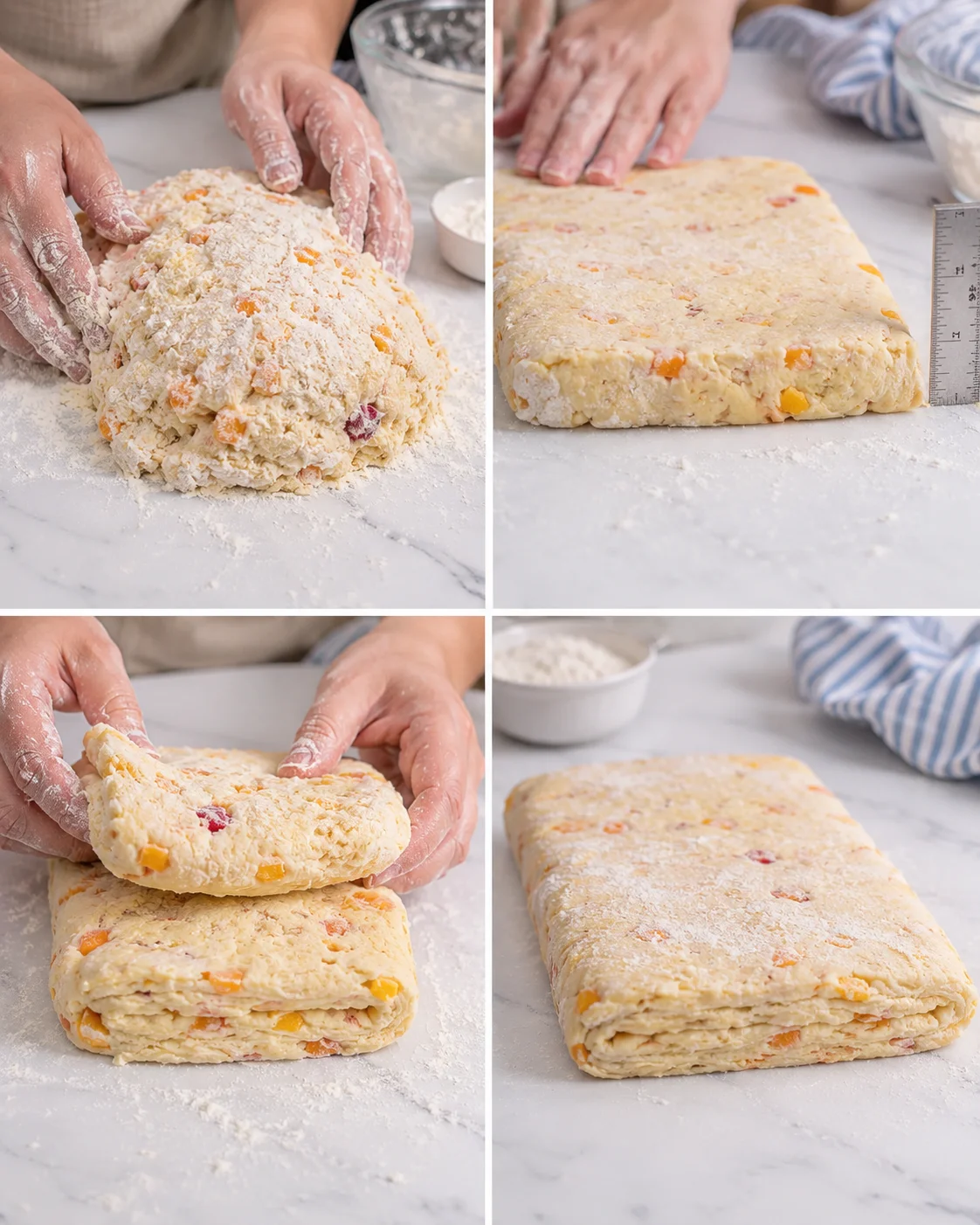 collage showing hands kneading and shaping a flour-dusted vegetable dough with diced peppers on a marble countertop