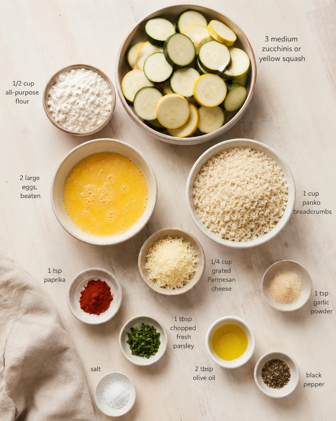 Overhead view of sliced zucchini and yellow squash with bowls of flour, eggs, breadcrumbs, and cheese.