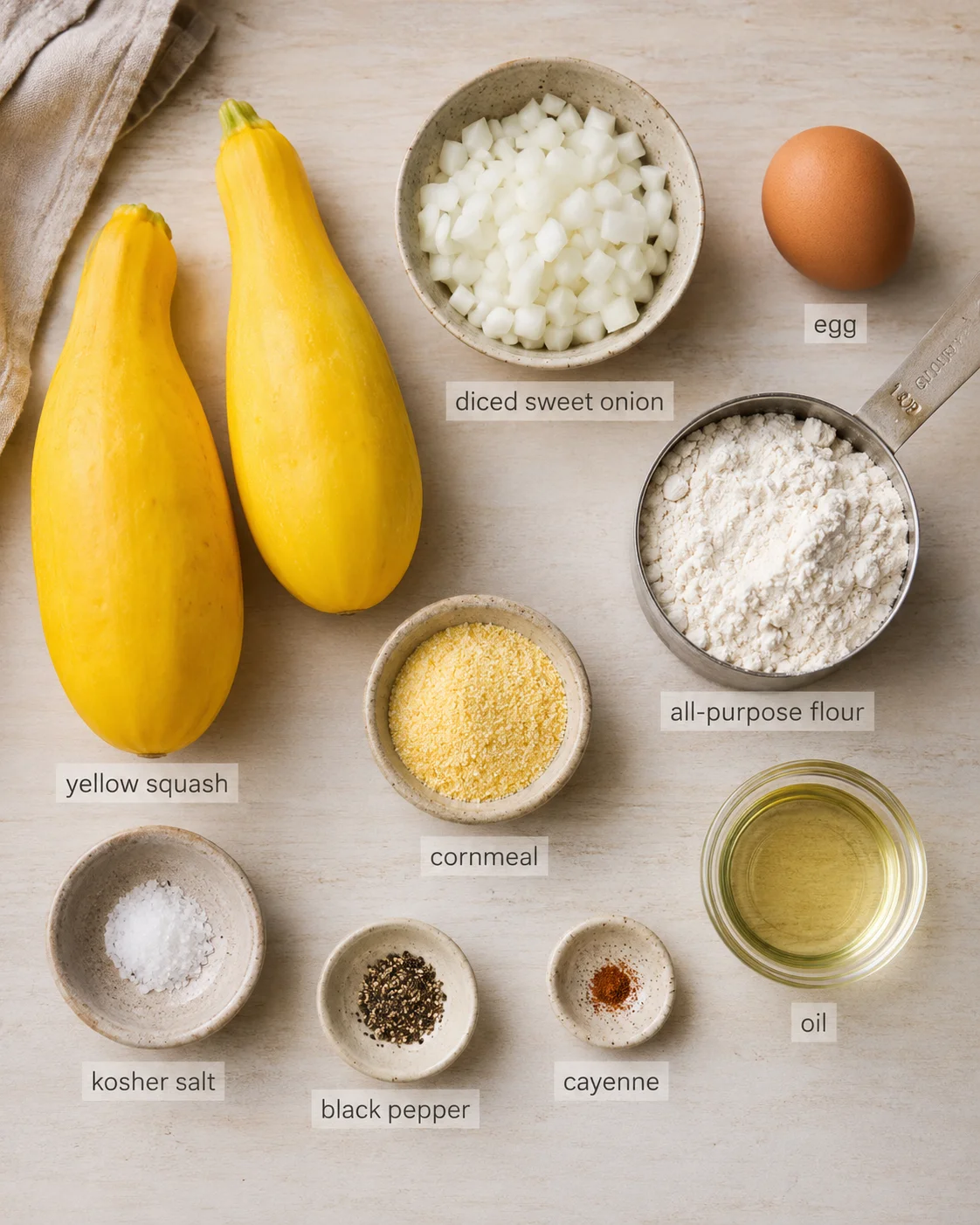 Two yellow squash beside bowls of chopped onion, flour, cornmeal, egg, oil, and spices on a light wood background.
