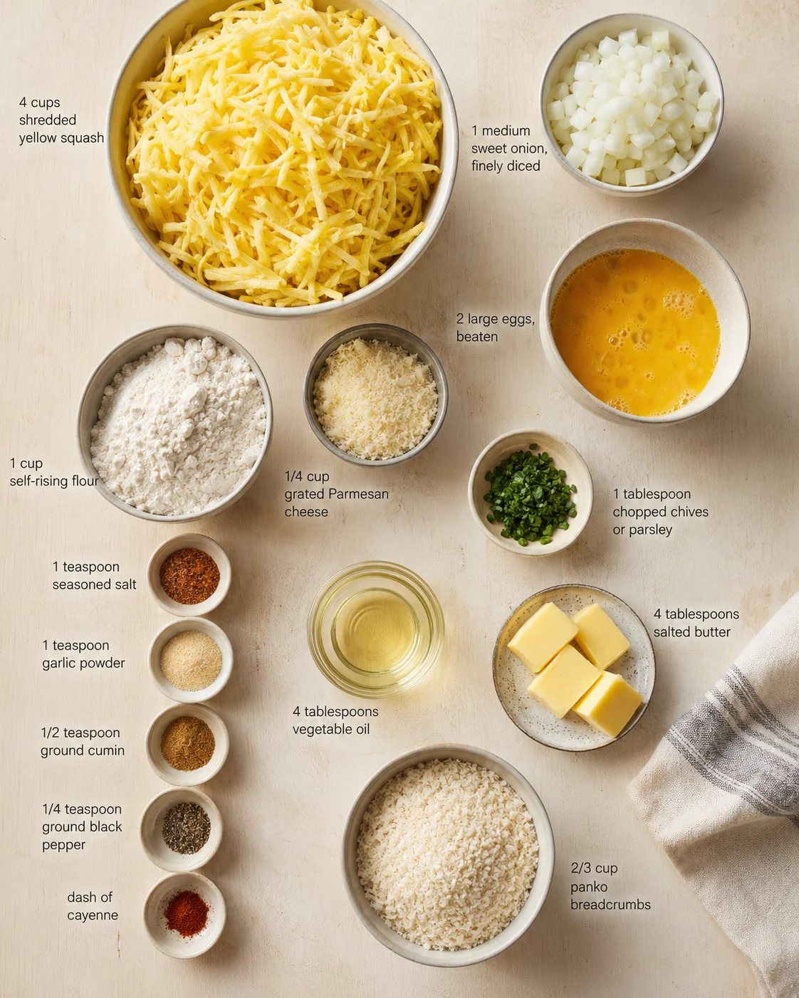 Top-down view of bowls with shredded yellow squash, onions, eggs, flour, cheese, oil, butter, and spices labeled for a recipe.