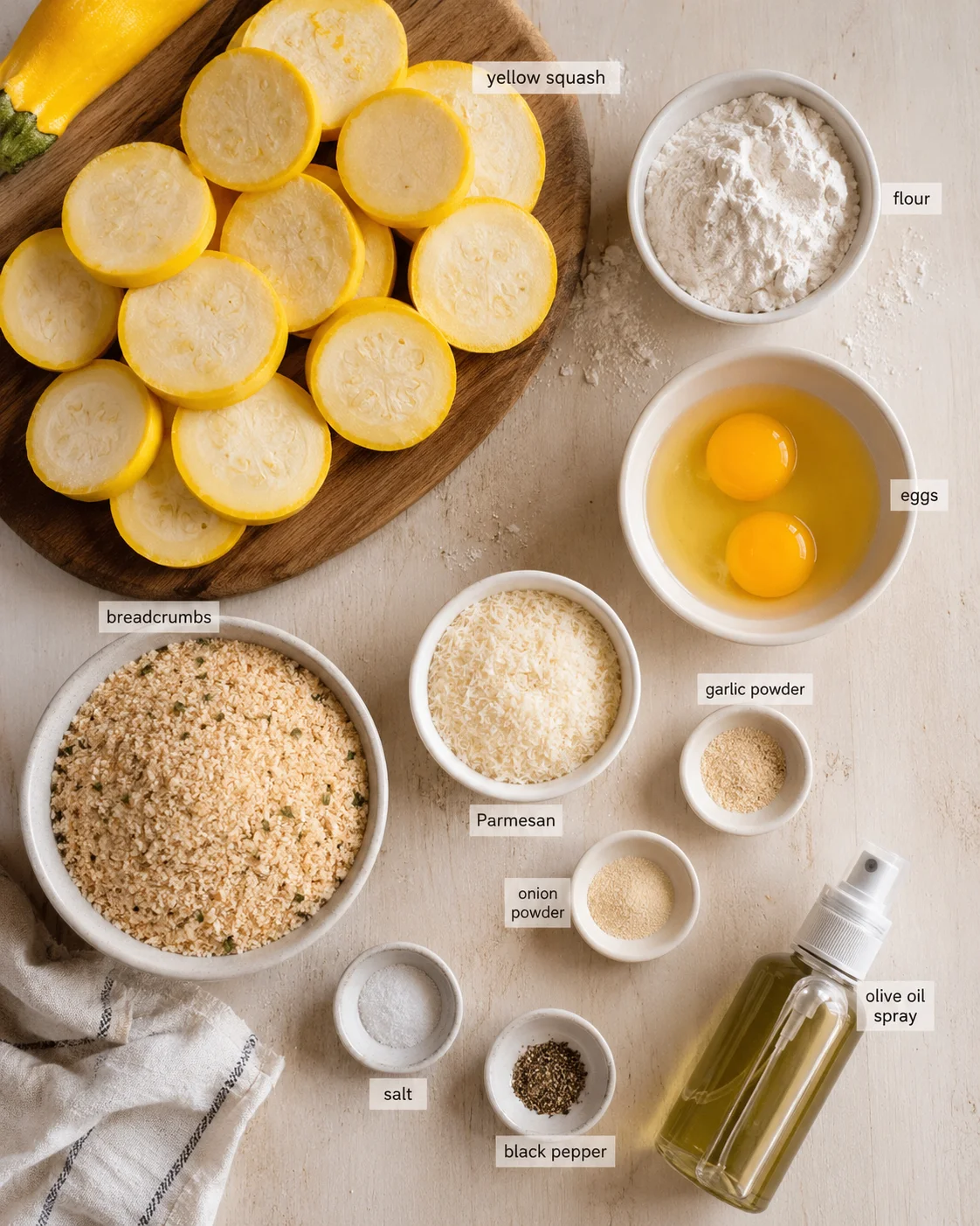 sliced yellow squash arranged on a wooden board beside bowls of flour, eggs, breadcrumbs, parmesan, and spices.