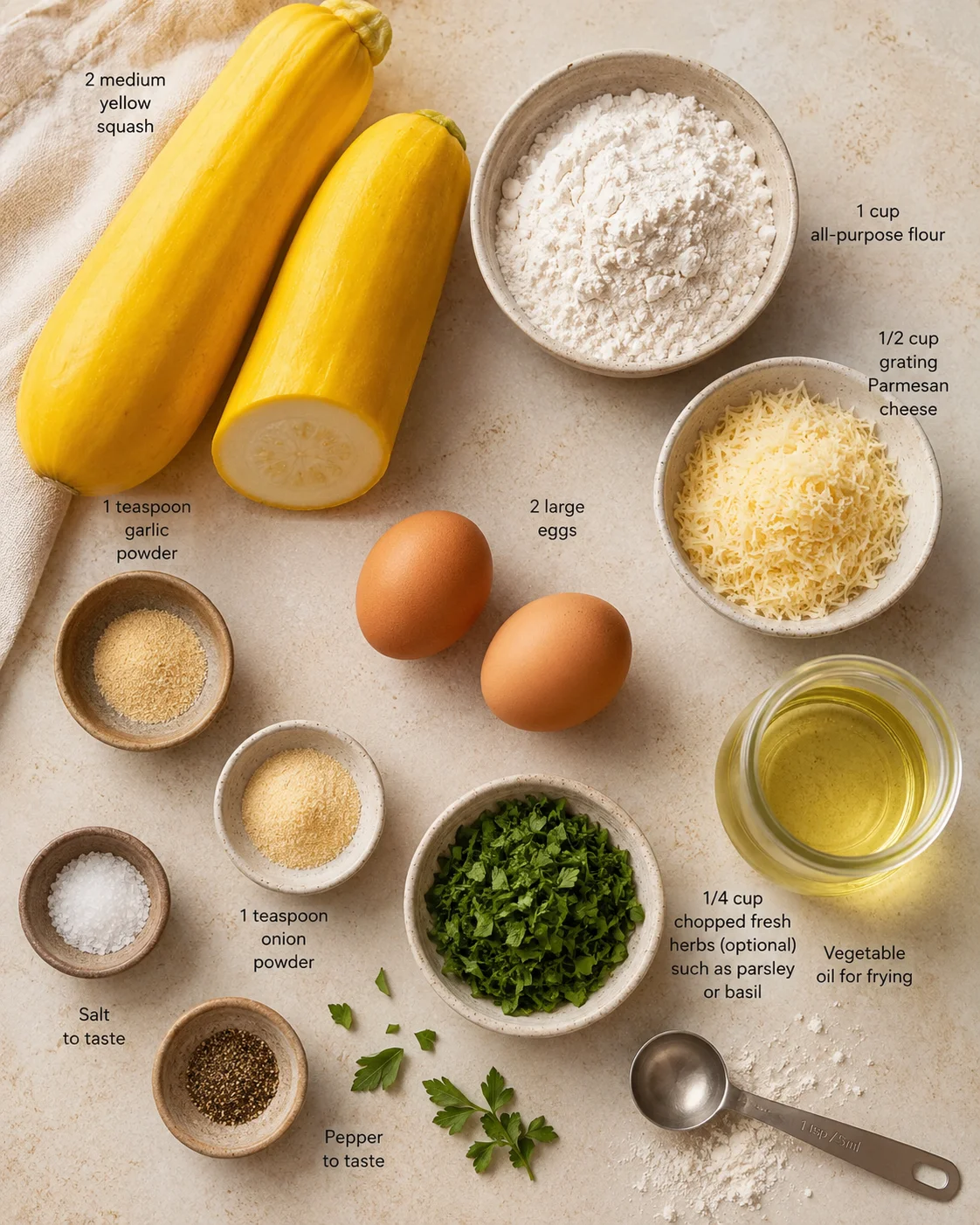 Overhead shot of yellow squash and baking ingredients with labeled measurements.