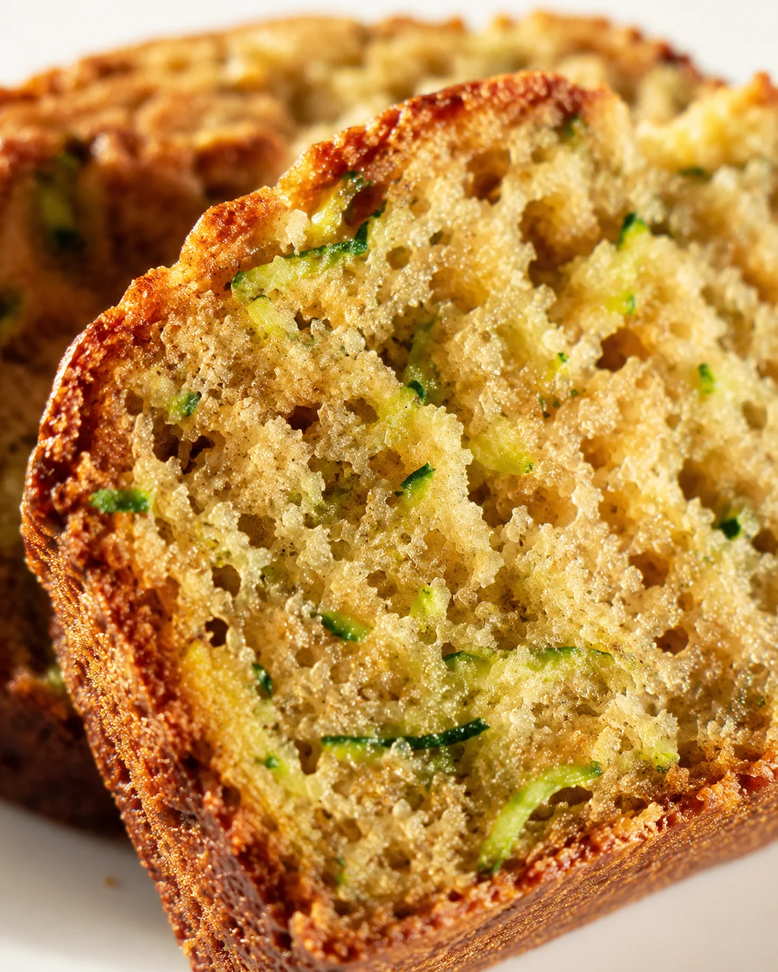Close-up of a zucchini bread slice showing a golden crust and green zucchini specks.