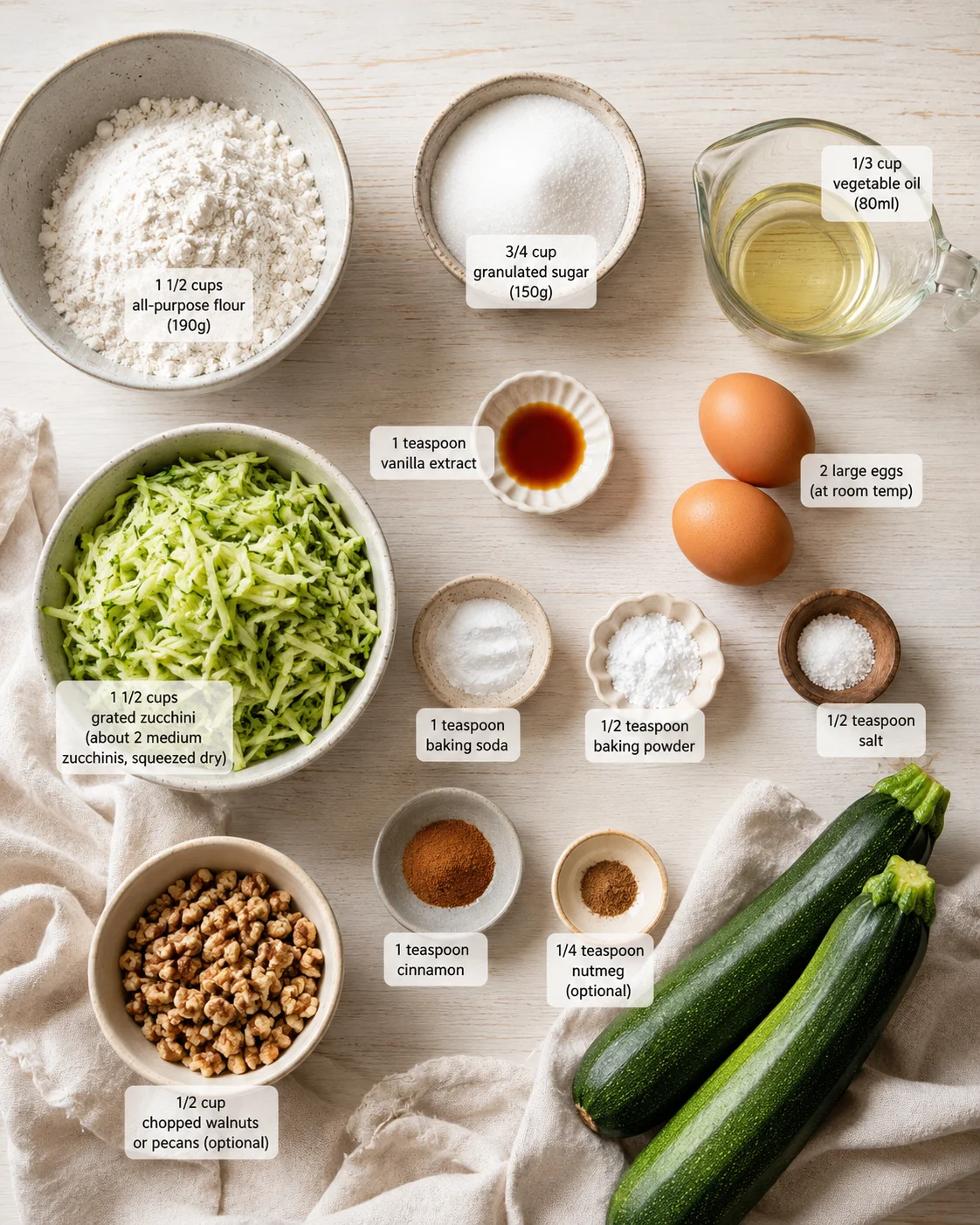 Overhead shot of baking ingredients labeled with measurements, including shredded zucchini, flour, sugar, eggs, oil, and vanilla.