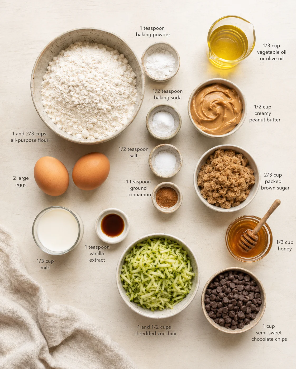 Top-down zucchini bread ingredients arranged in bowls with labels on a light surface.