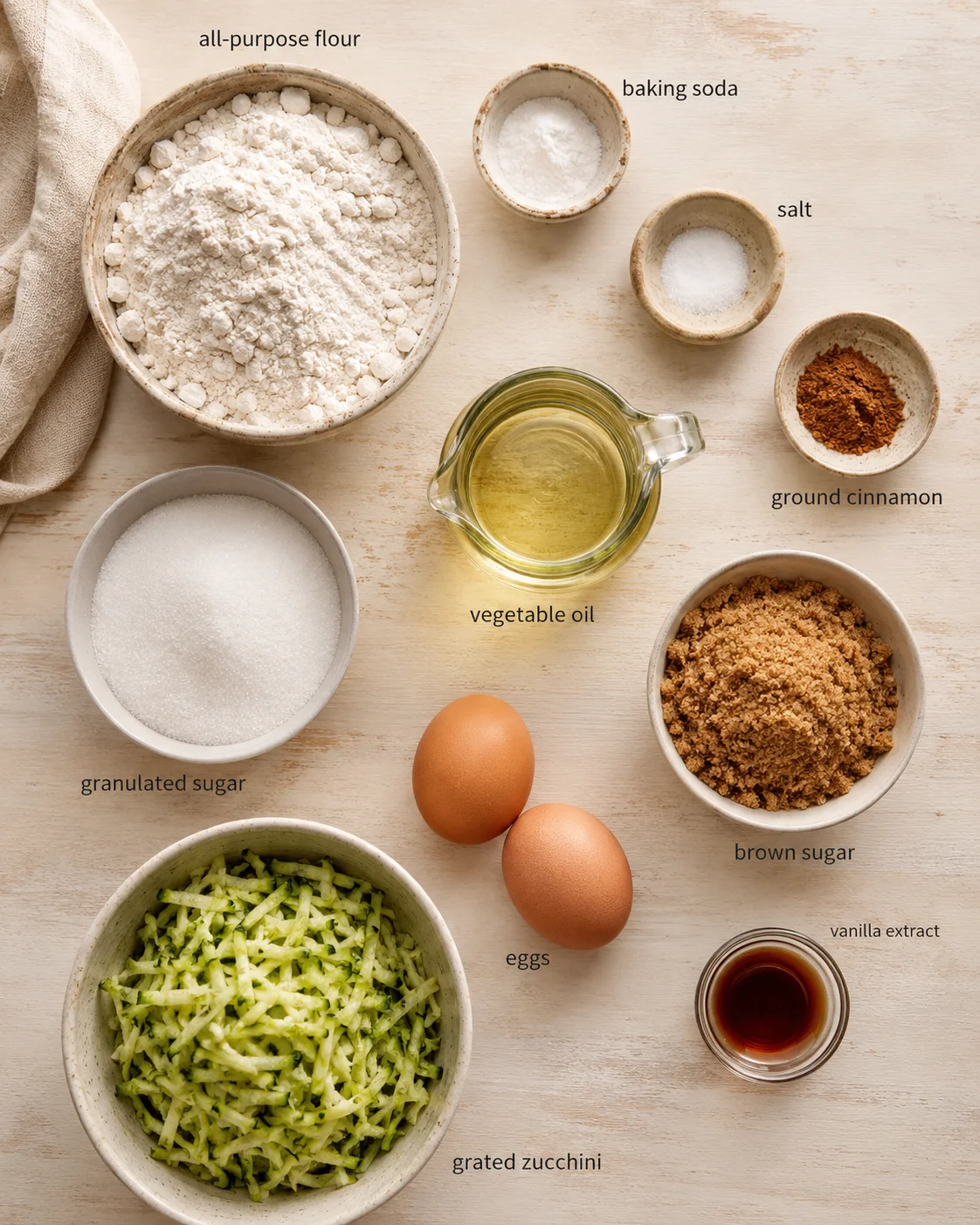 top-down view of zucchini bread ingredients: bowls of flour, sugars, spices, zucchini, eggs, oil, and vanilla.