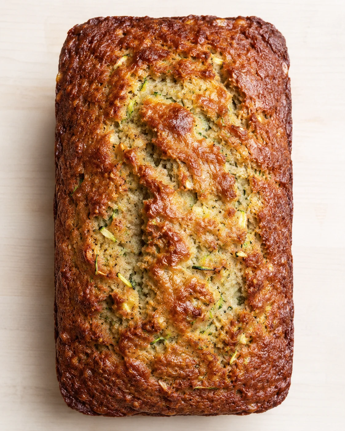 Golden brown zucchini bread loaf with visible green zucchini shreds on a light wooden surface